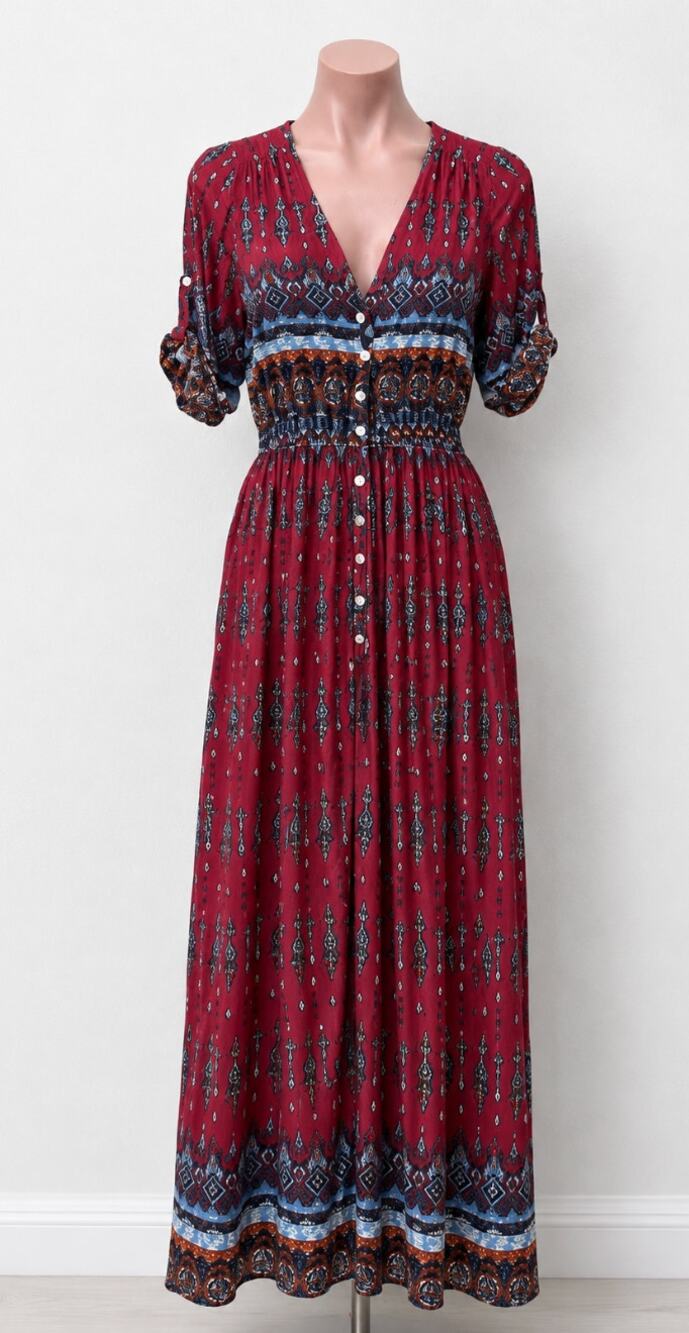 R. Vivimos VNeck Roll Tab Sleeve Button Front Paisley Dress Red Blue Multi Small